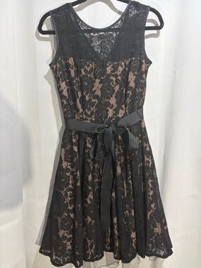 Black Lace Overlay A-Line Dress with Nude Lining